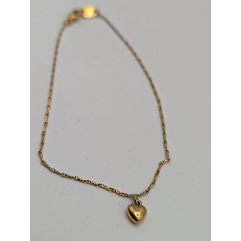 Vintage Gold Tone Bar Link Chain Anklet Heart Charm Dainty Layering Bracelet